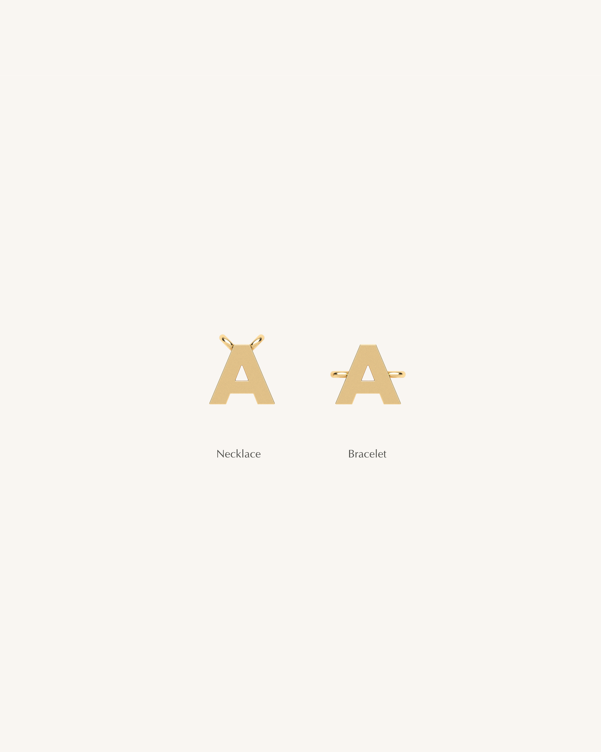 Two yellow gold letter A charms, one for necklace and one for bracelet