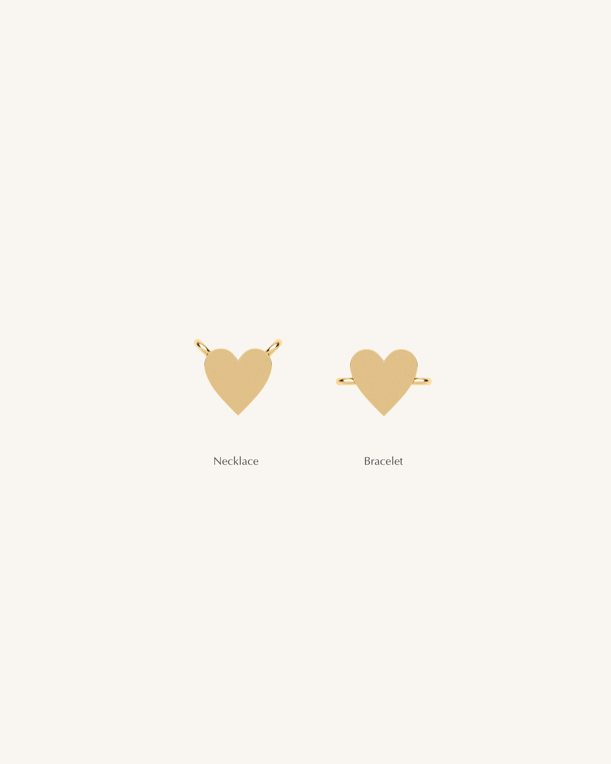 Gold heart charm shown as necklace and bracelet attachment with top loop