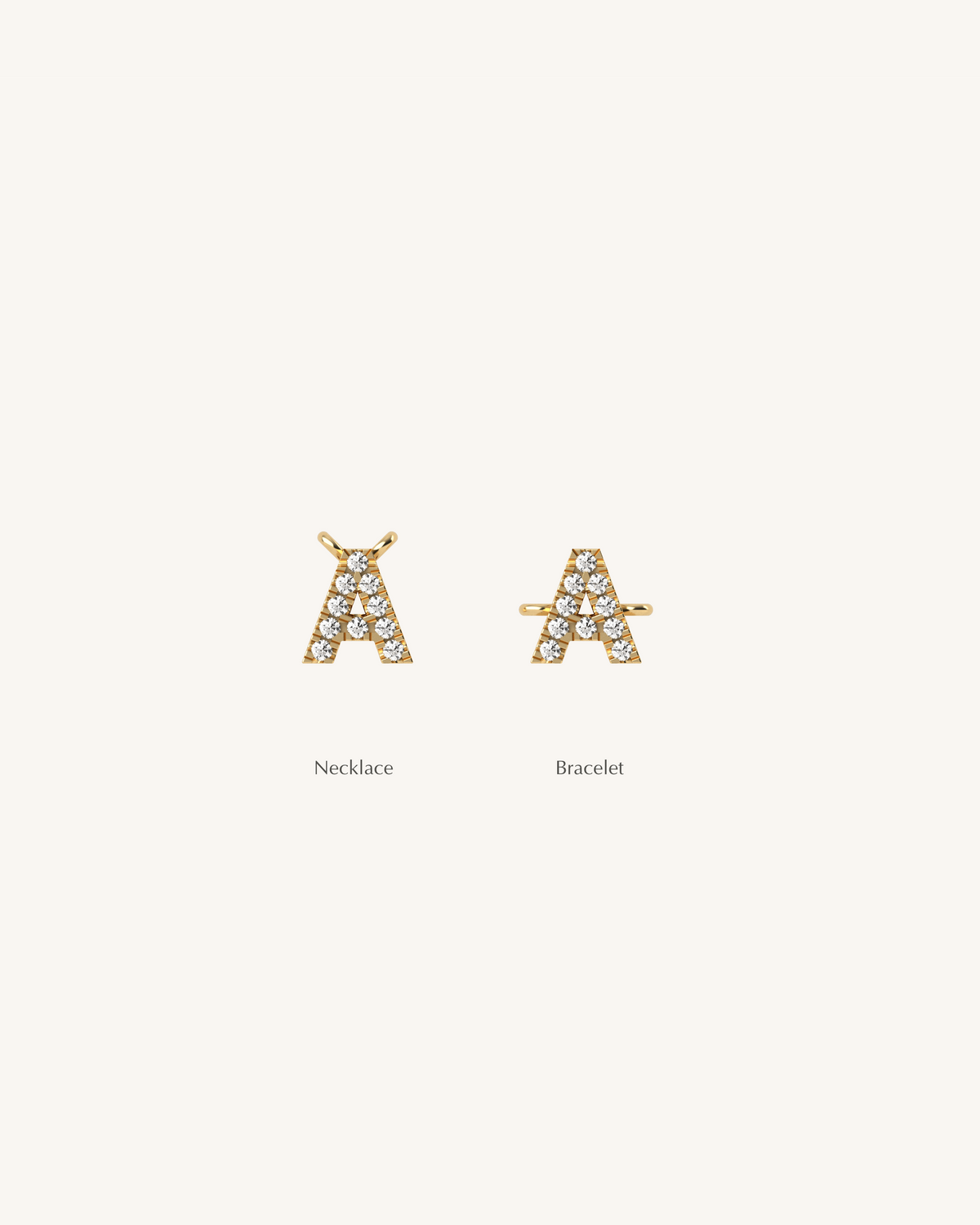 Two gold letter 'A' necklaces on a white background