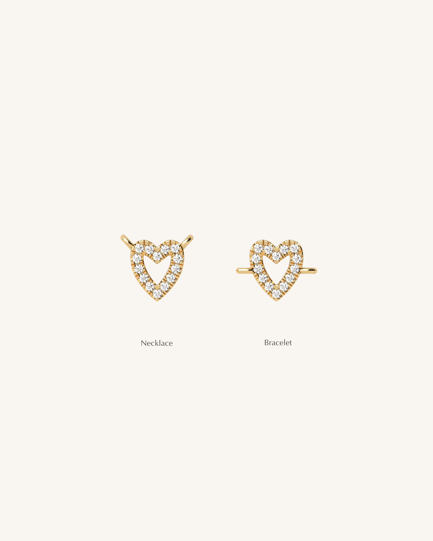 Gold necklace and bracelet with heart design on a beige background