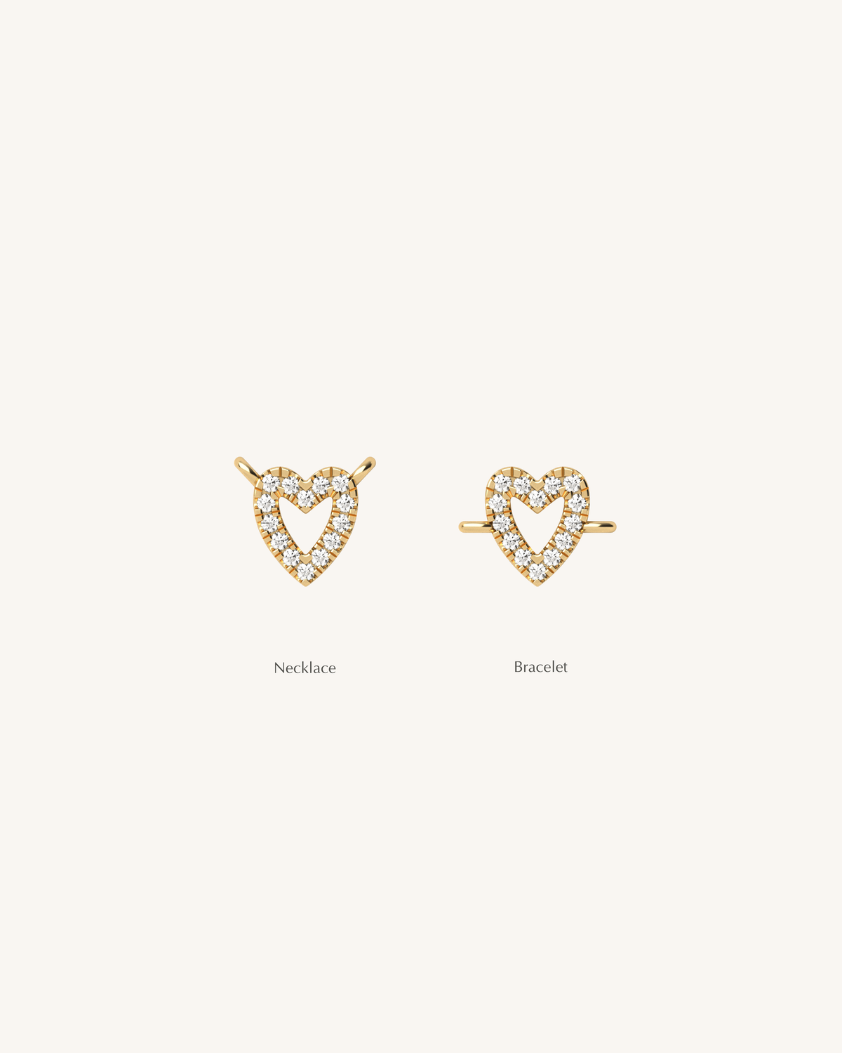 Gold necklace and bracelet with heart design on a beige background