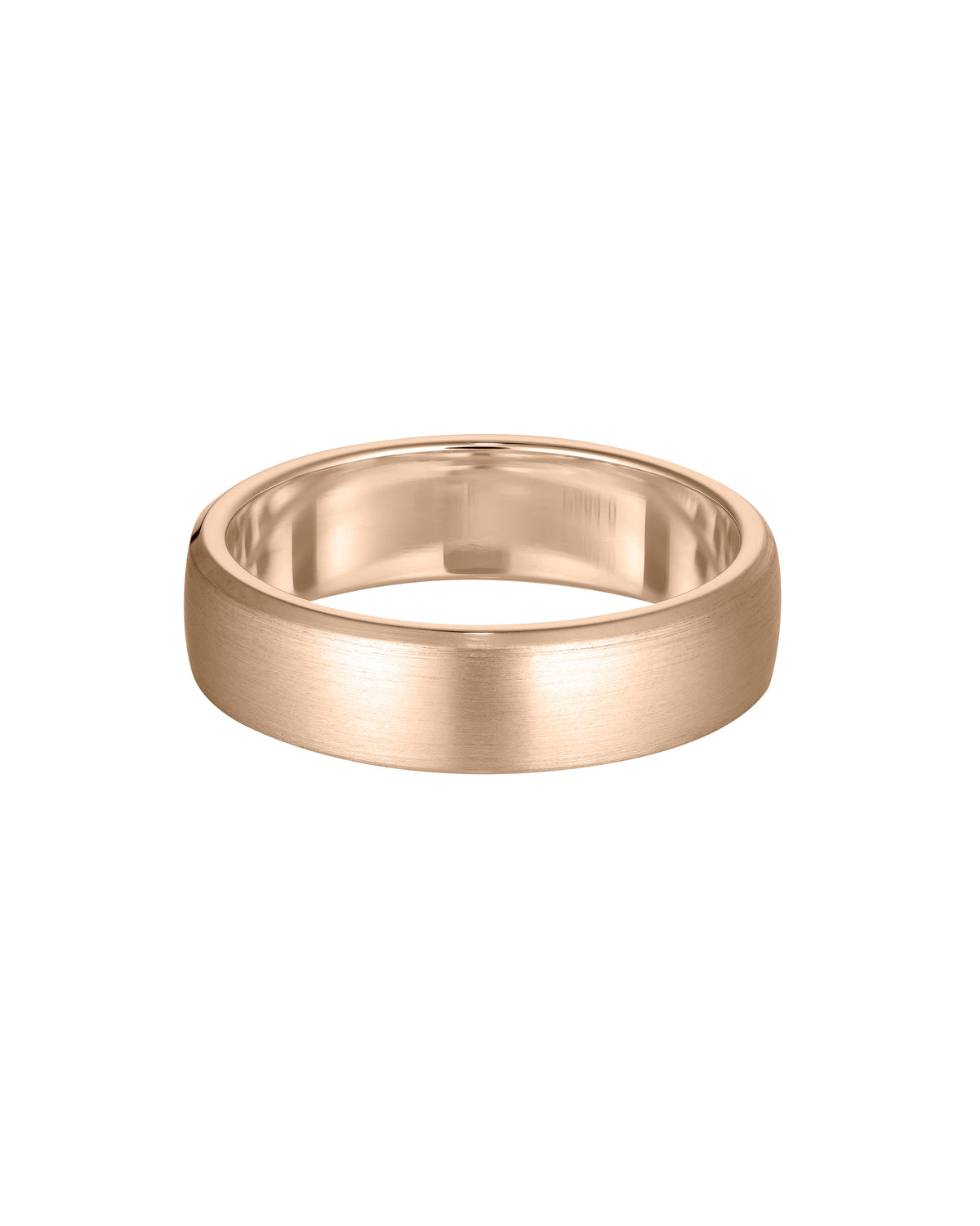 Elegant rose gold wedding band with a matte finish and polished interior. Perfect for luxury jewellery lovers seeking timeless sophistication.