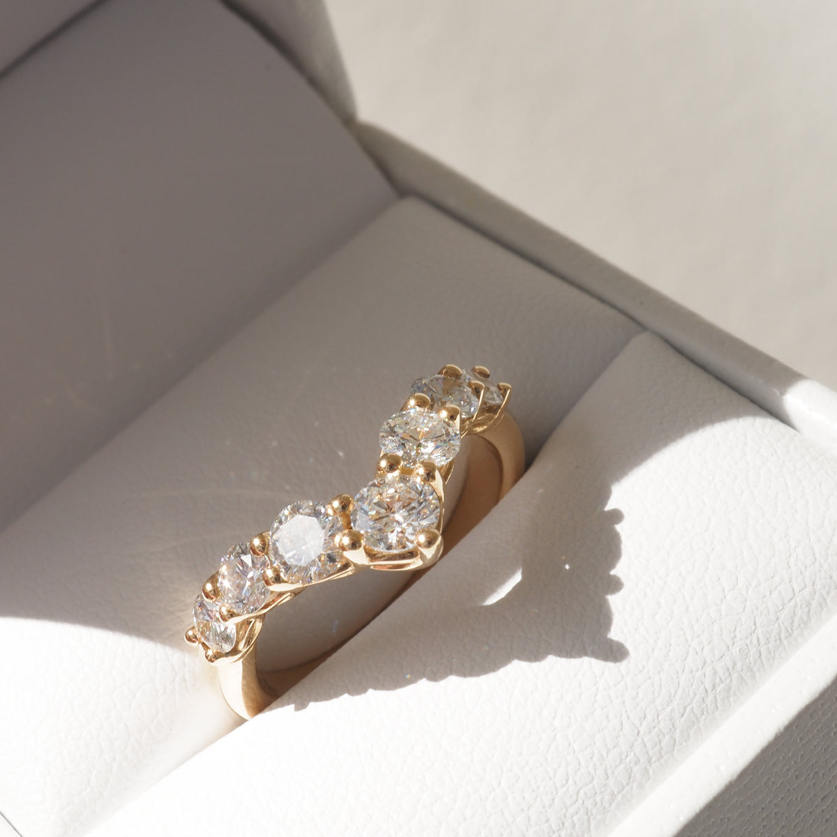Gold ring with five sparkling diamonds in a white jewellery box, capturing the essence of luxury and elegance in high-end jewellery design.