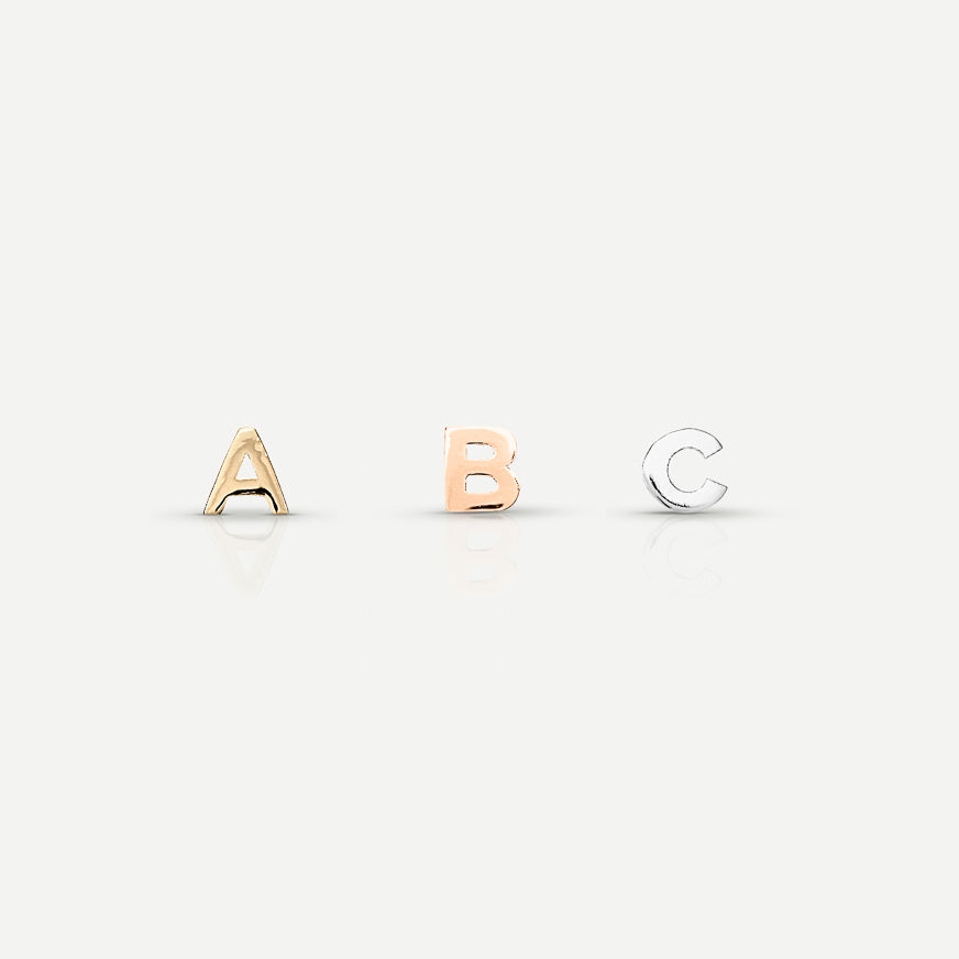 Gold, rose gold, and silver alphabet letters A, B, and C on a white background, reflecting luxury jewellery design.