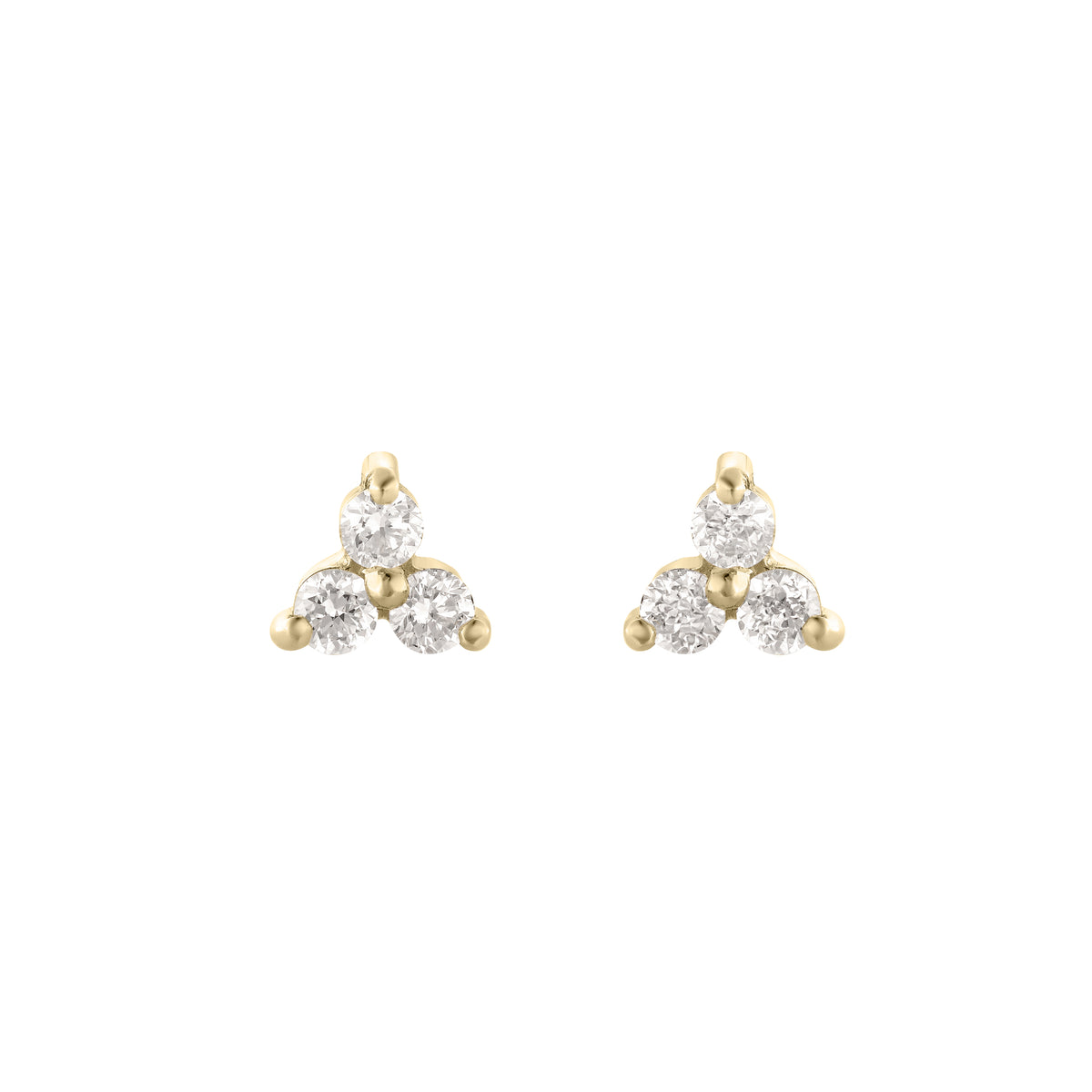 Gold stud earrings with a triangular cluster of three sparkling diamonds each, set on a white background; luxury jewellery.