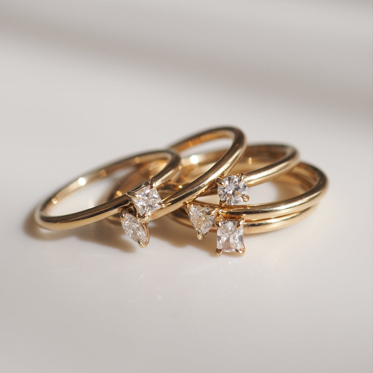 From top to bottom; princess, marquise, round, heart, radiant